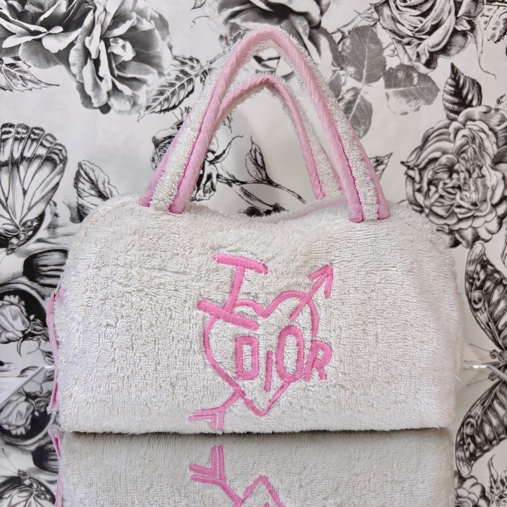 Dior “I 💘 Dior” White & Pink Y2k Era Terrycloth Zippered Mini-Duffle Bag 🩷🤍